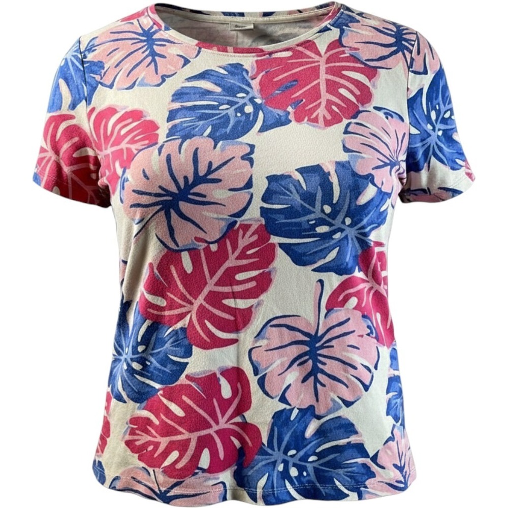 Kim Rogers Shirt Women‎ M Pink Blue Tropical Monstera Leaf Perfectly Soft Tee